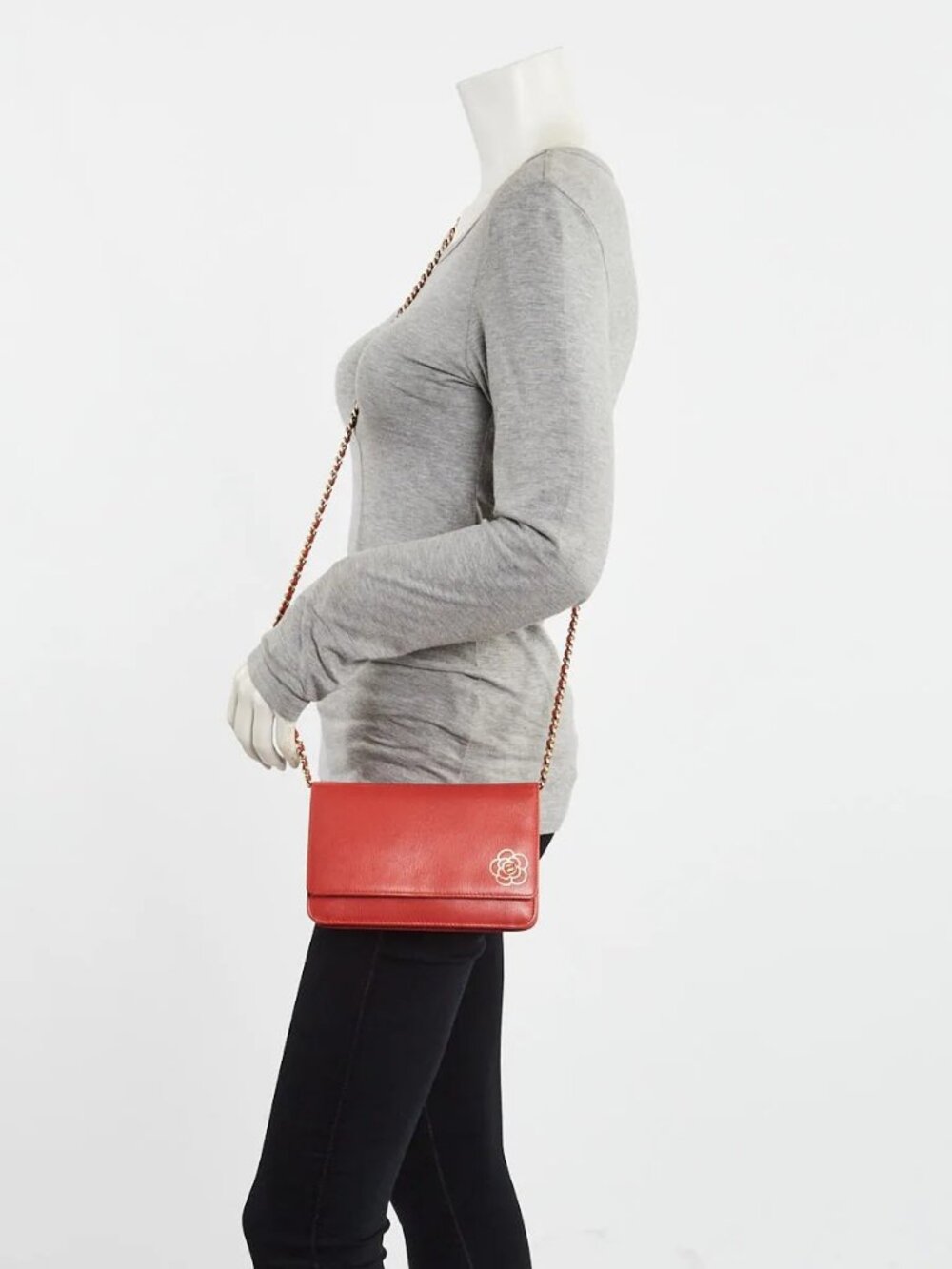 Chanel Red Grained Leather Camellia Embossed WOC Clutch Bag